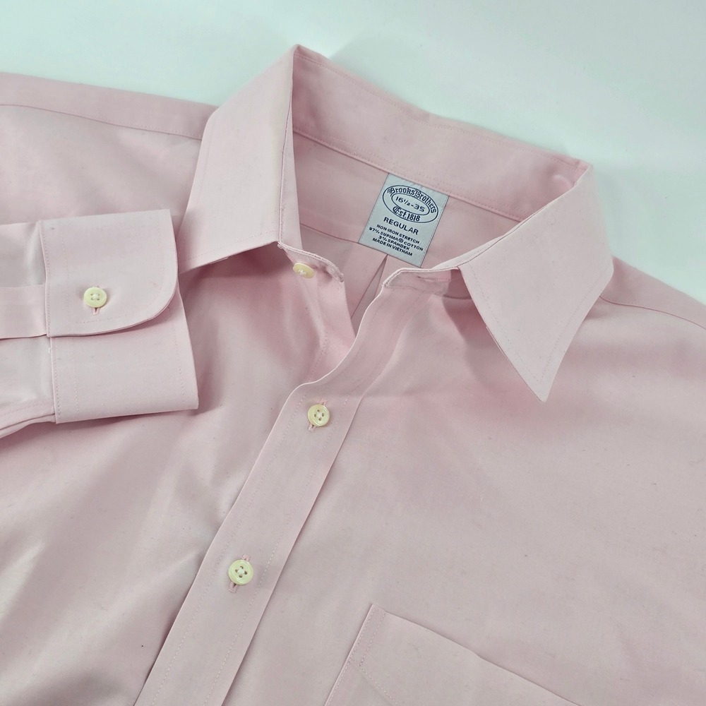 Brooks Brothers Dress Shirt Men 16.5 35 Pink Regular Fit Non-Iron Stretch Supima